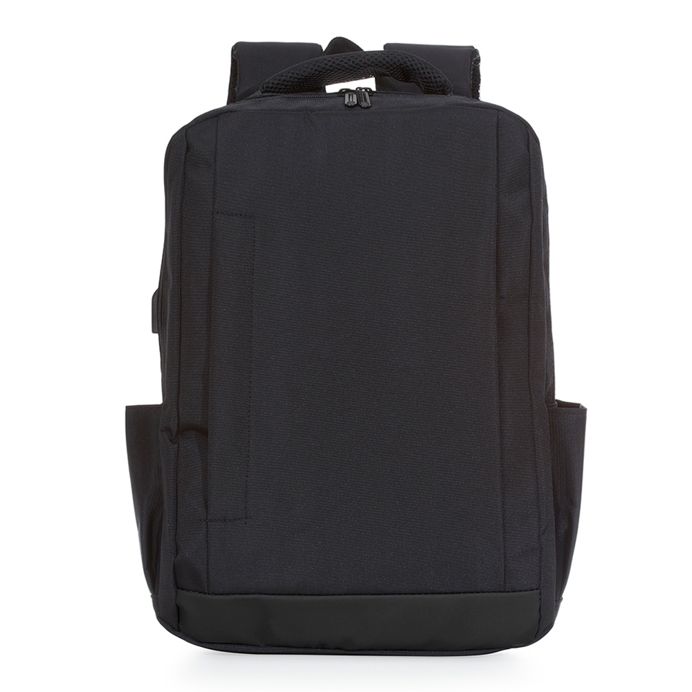 Mochila de nylon USB 21 litros para notebook com 2 compartimentos na cor Preto, personalizada com a logo da empresa