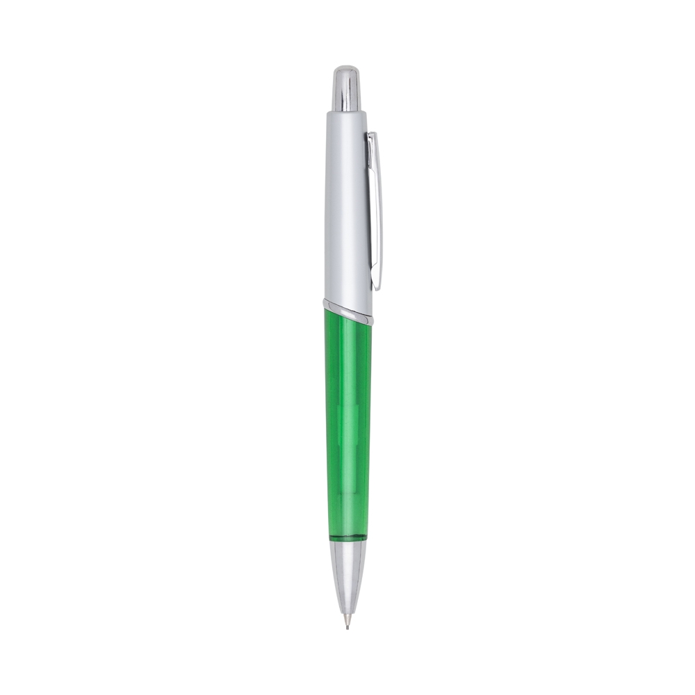 Lapiseira plástica translúcida com detalhe colorido na cor Verde / Prata, personalizada com a logo da empresa