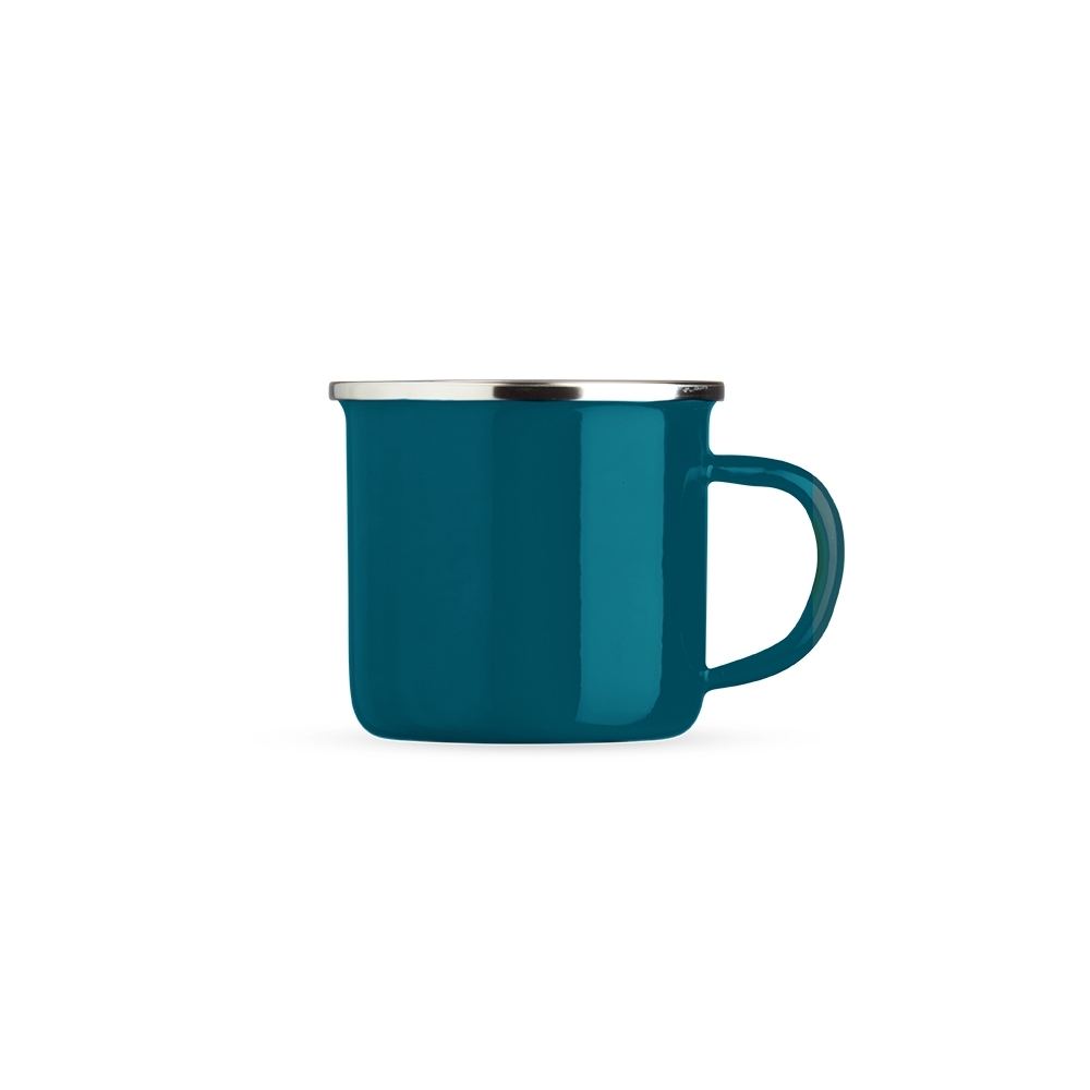 Caneca inox 370 ml com borda de inox aparente personalizada com a logo da empresa, na cor azul escuro / inox