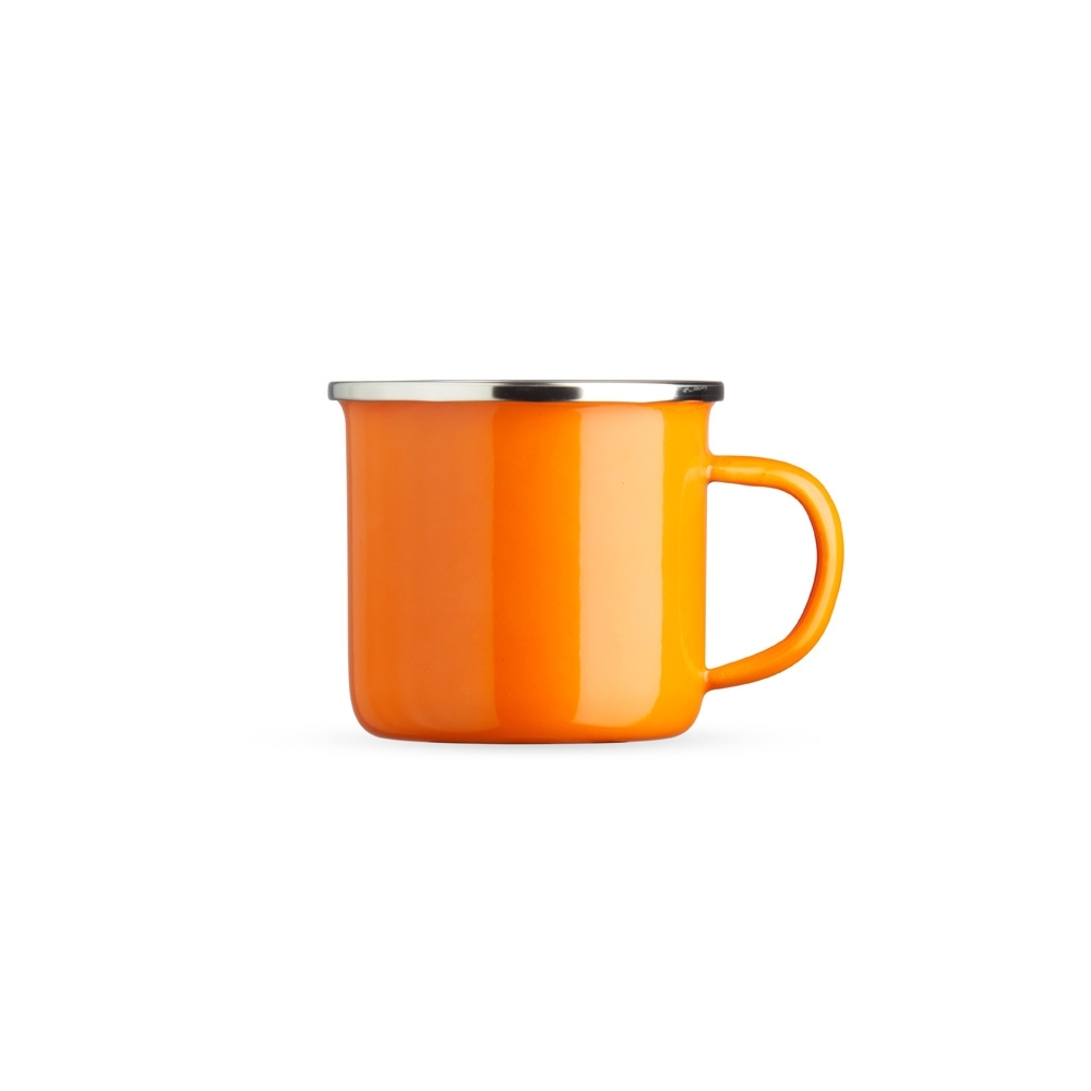 Caneca inox 370 ml com borda de inox aparente personalizada com a logo da empresa, na cor laranja / inox