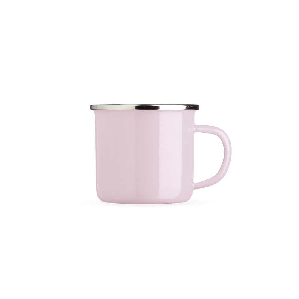 Caneca inox 370 ml com borda de inox aparente personalizada com a logo da empresa, na cor rosa