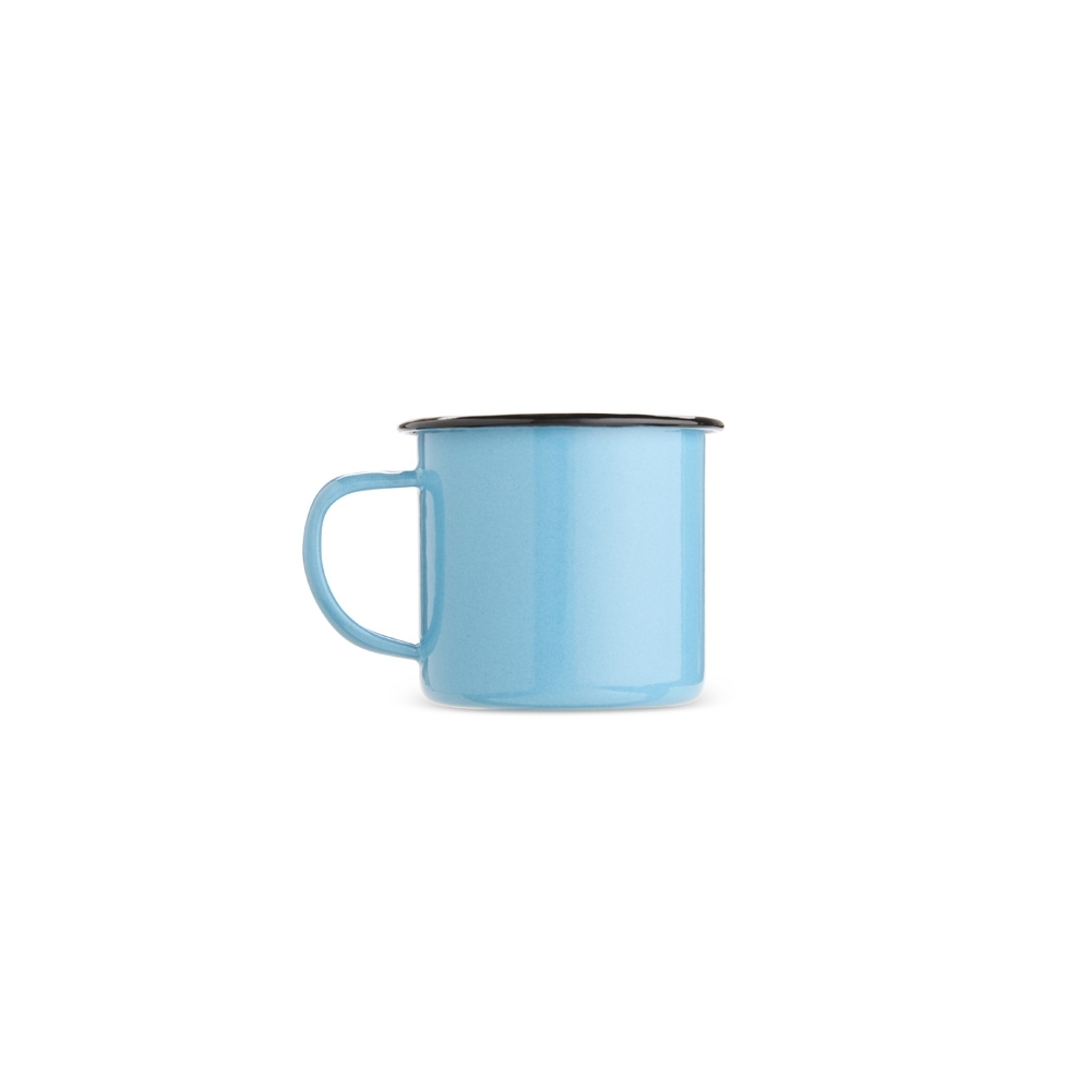Caneca inox 370 ml com acabamento esmaltado personalizada com a logo da empresa, na cor azul claro