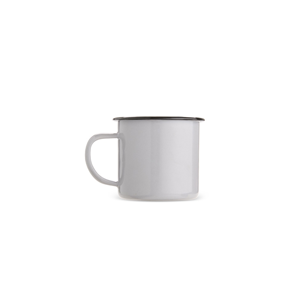 Caneca inox 370 ml com acabamento esmaltado personalizada com a logo da empresa, na cor cinza
