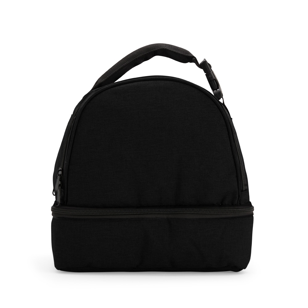 Bolsa térmica dupla 8 litros de poliéster com 2 compartimentos na cor Preto, personalizada com a logo da empresa