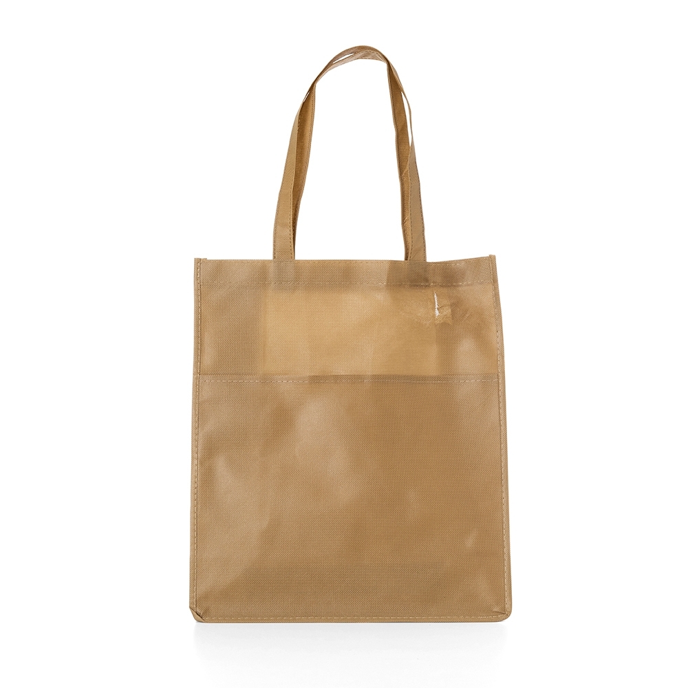 Sacola TNT com alça e bolso frontal personalizada com a logo da empresa, na cor bege