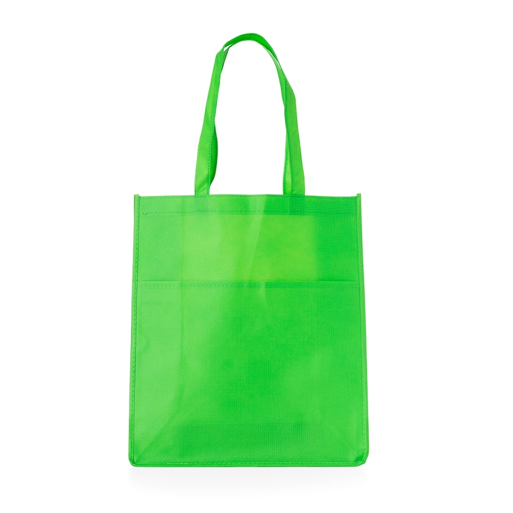 Sacola TNT com alça e bolso frontal personalizada com a logo da empresa, na cor verde
