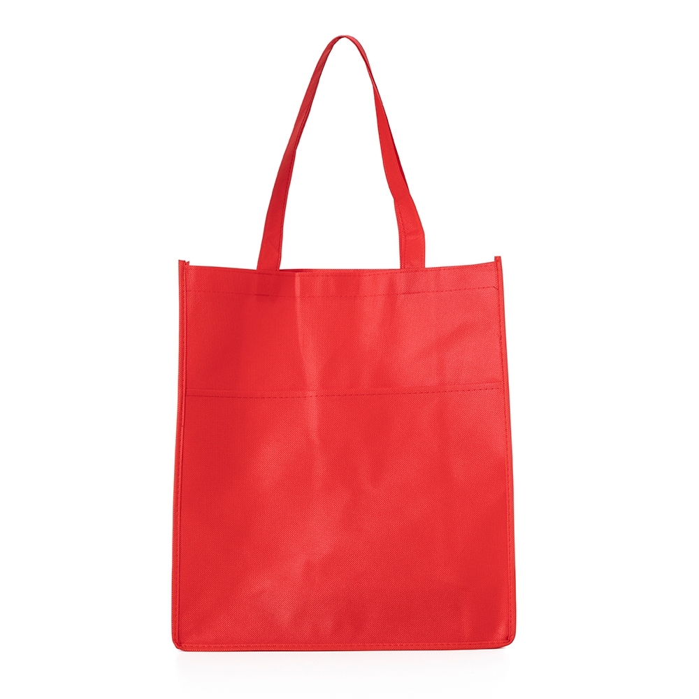 Sacola TNT com alça e bolso frontal personalizada com a logo da empresa, na cor vermelho
