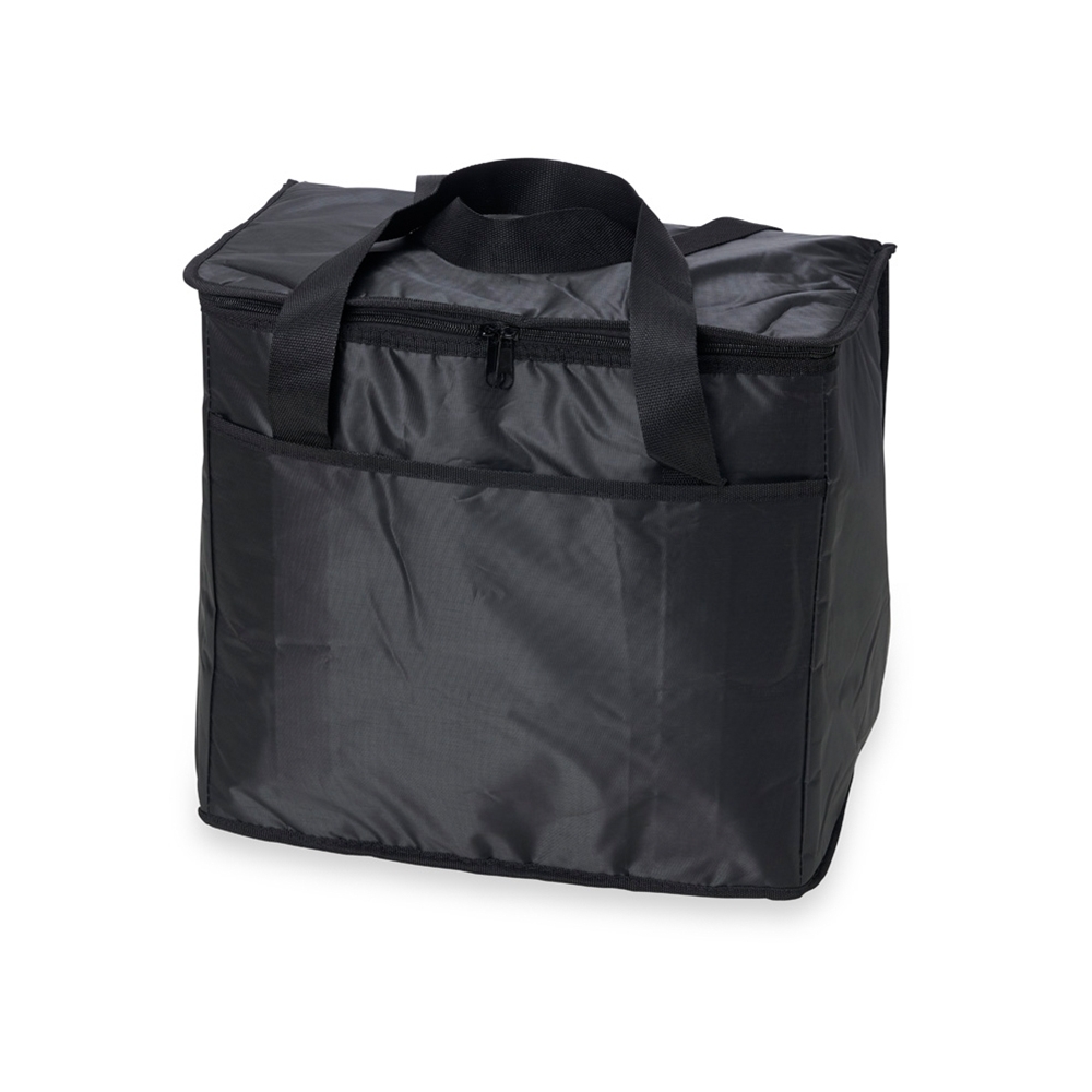 Bolsa térmica 37 litros 420d de poliéster com bolso frontal na cor Preto, personalizada com a logo da empresa