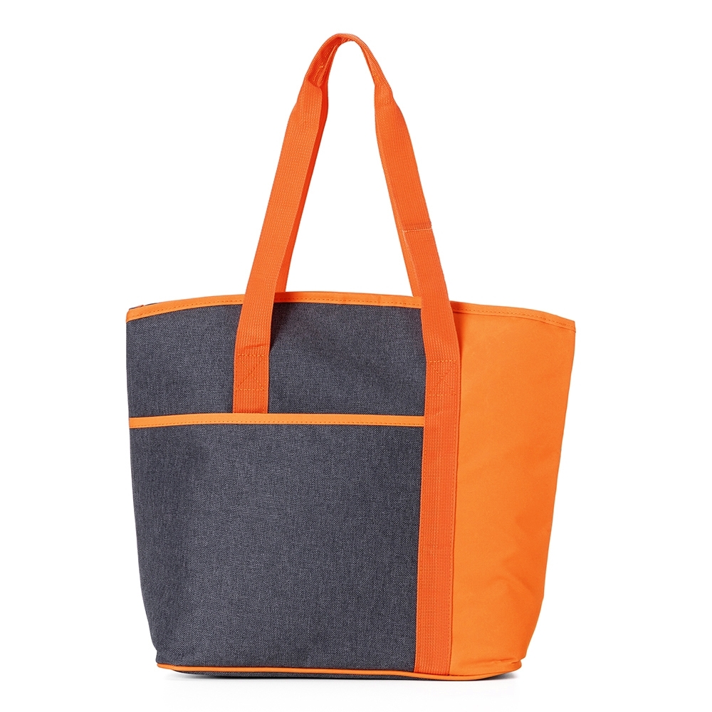Bolsa térmica 15 litros 900d+300d de poliéster com bolso frontal personalizada com a logo da empresa, na cor laranja / cinza