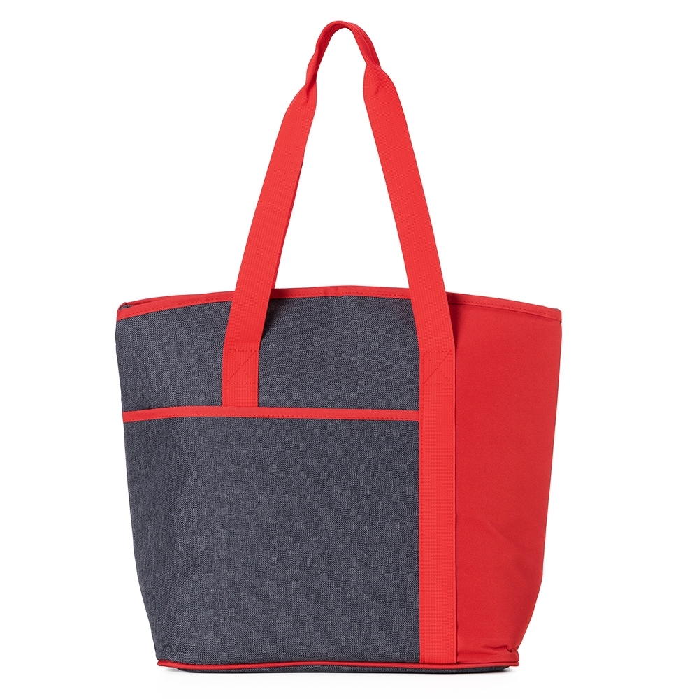 Bolsa térmica 15 litros 900d+300d de poliéster com bolso frontal personalizada com a logo da empresa, na cor vermelho / cinza
