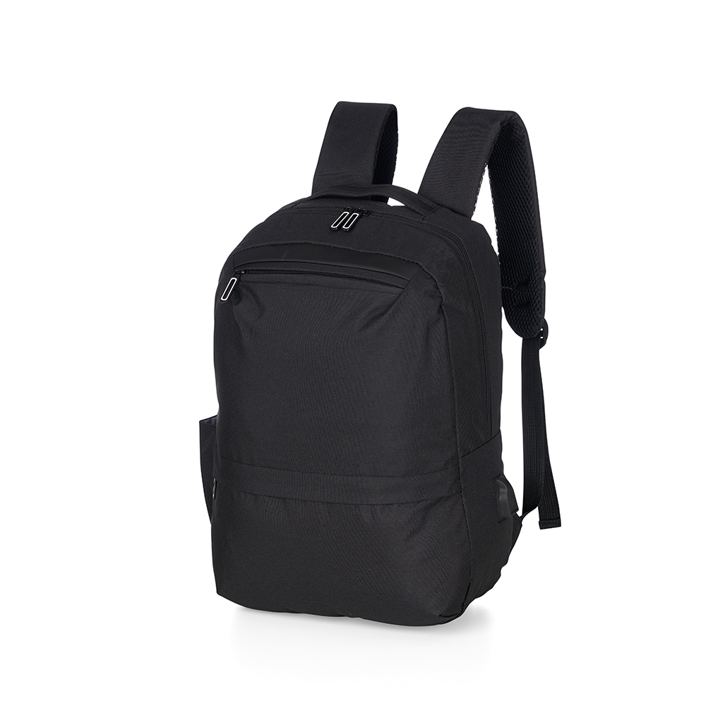 Mochila de nylon USB 21 litros para notebook com 3 compartimentos na cor Preto, personalizada com a logo da empresa