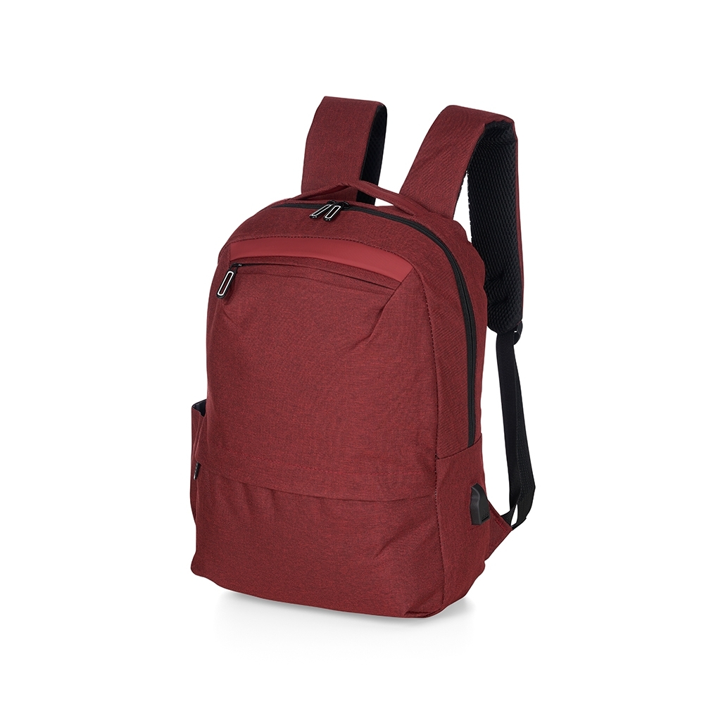 Mochila de nylon USB 21 litros para notebook com 3 compartimentos personalizada com a logo da empresa, na cor vermelho