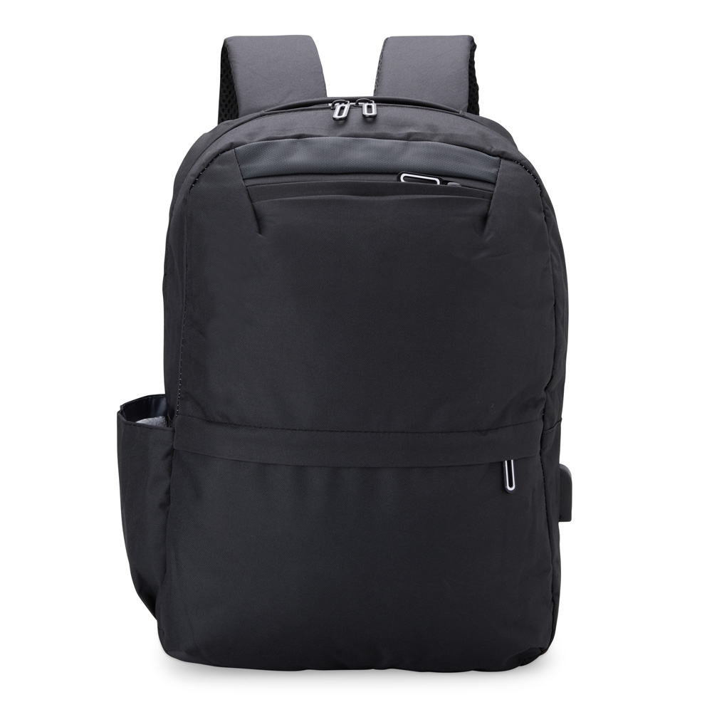 Mochila de nylon USB 24 litros para notebook com 3 compartimentos na cor Preto, personalizada com a logo da empresa