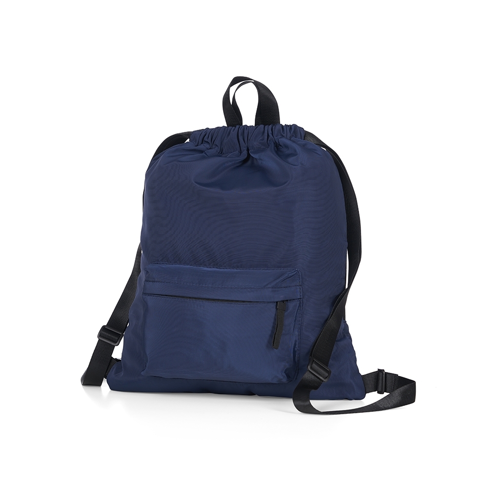 Sacochila poliéster 14 litros com bolso frontal personalizada com a logo da empresa, na cor azul escuro