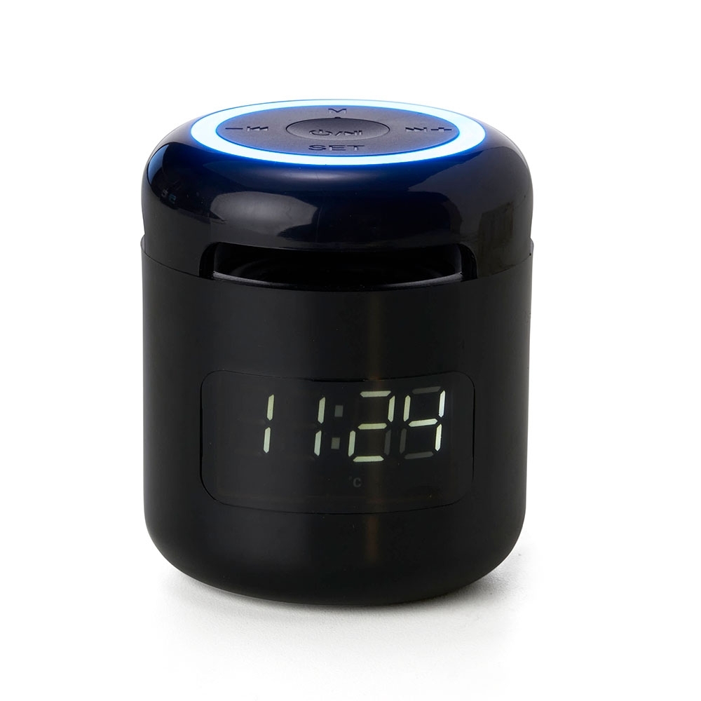 Caixa de som multimídia cilíndrica com relógio, rádio FM e alarme na cor Preto, personalizada com a logo da empresa