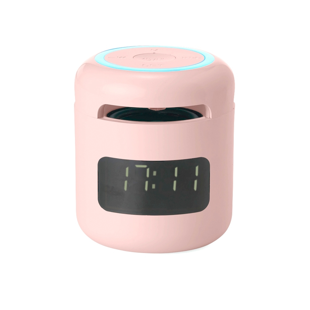 Caixa de som multimídia cilíndrica com relógio, rádio FM e alarme personalizada com a logo da empresa, na cor rosa