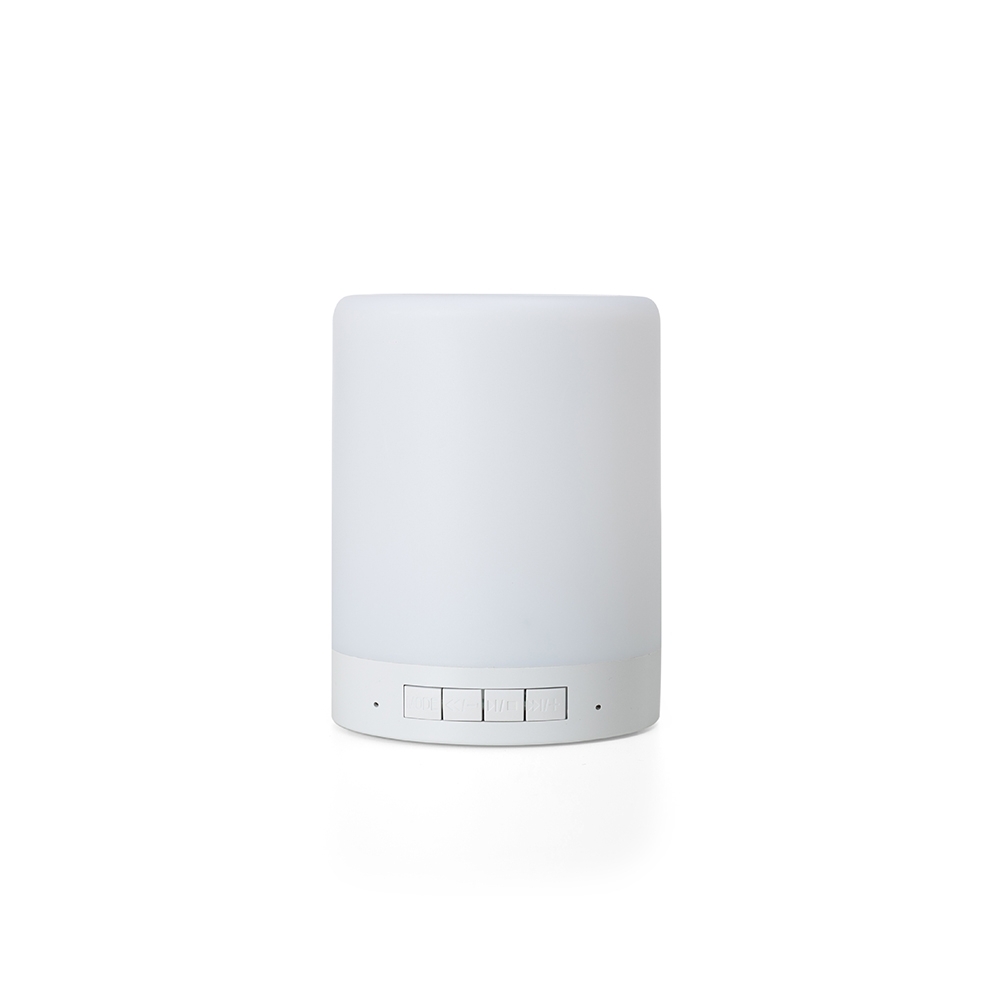 Caixa de som com luminária na cor Branco, personalizada com a logo da empresa
