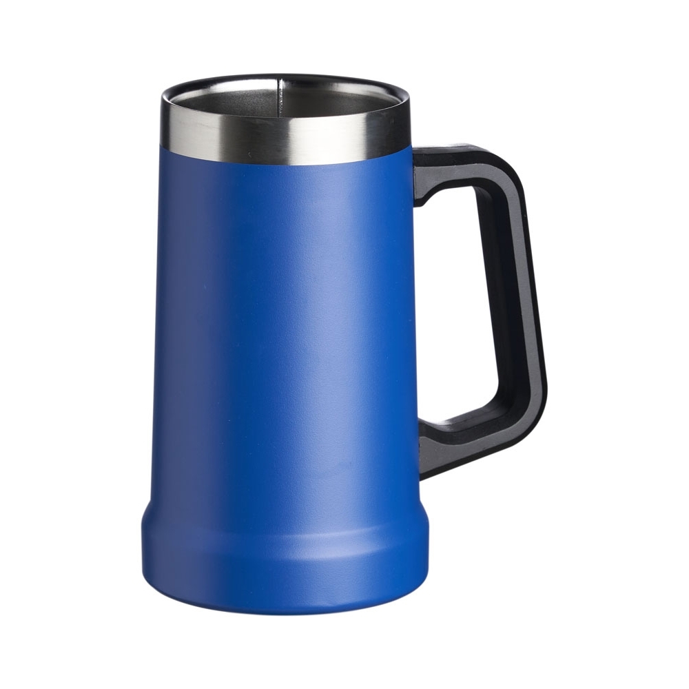 Caneca térmica 700 ml de inox tipo chope com pegador plástico personalizada com a logo da empresa, na cor azul / inox