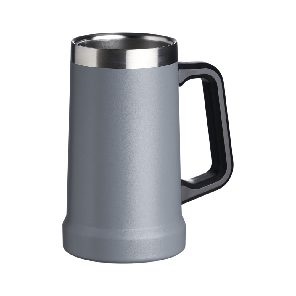 Caneca térmica 700 ml de inox tipo chope com pegador plástico personalizada com a logo da empresa, na cor cinza
