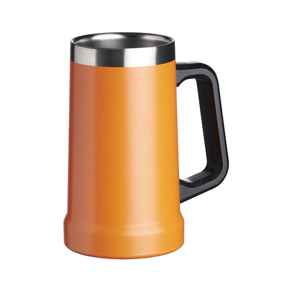 Caneca térmica 700 ml de inox tipo chope com pegador plástico personalizada com a logo da empresa, na cor laranja / inox