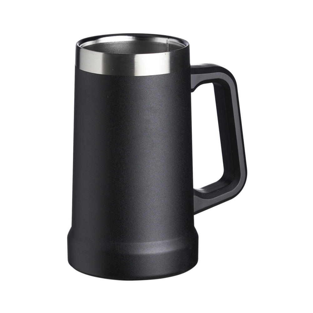 Caneca térmica 700 ml de inox tipo chope com pegador plástico na cor Preto / Inox, personalizada com a logo da empresa