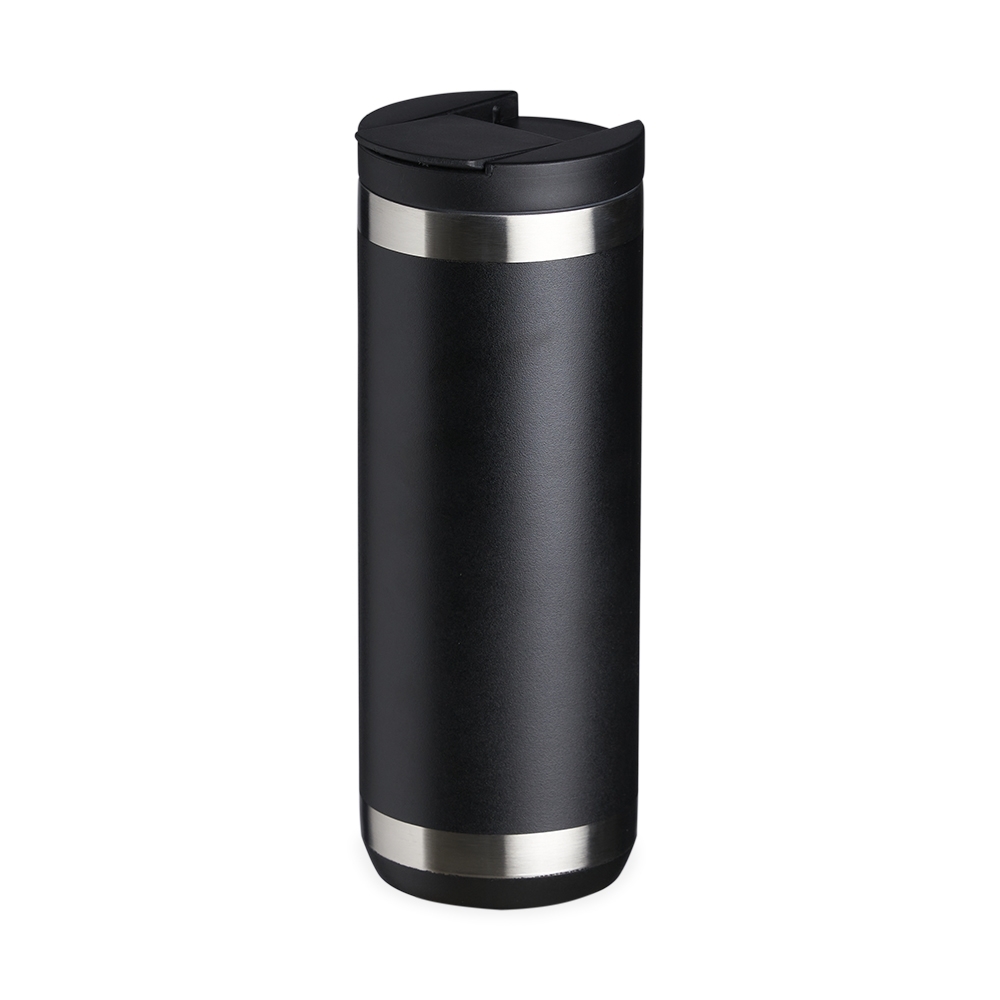 Copo térmico 550 ml de inox com tampa de bocal e trava na cor Preto / Inox, personalizado com a logo da empresa
