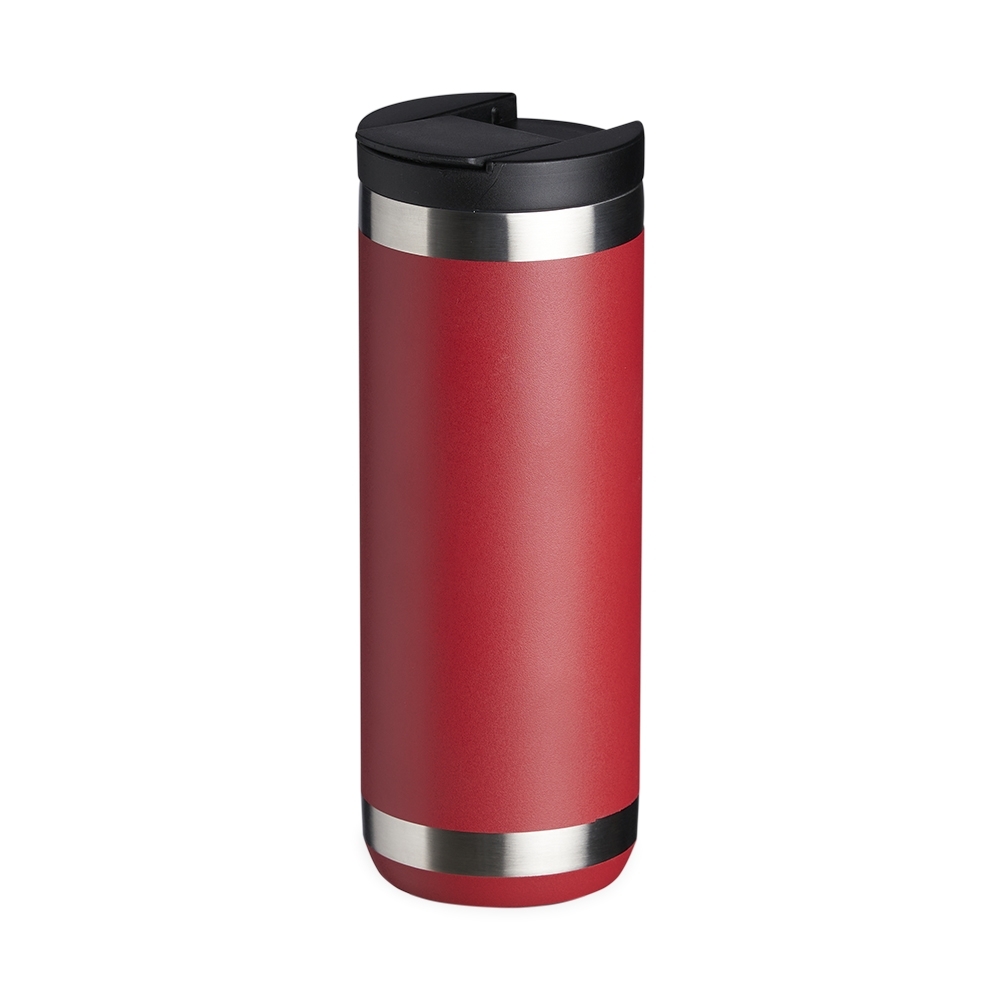 Copo térmico 550 ml de inox com tampa de bocal e trava personalizado com a logo da empresa, na cor vermelho / inox