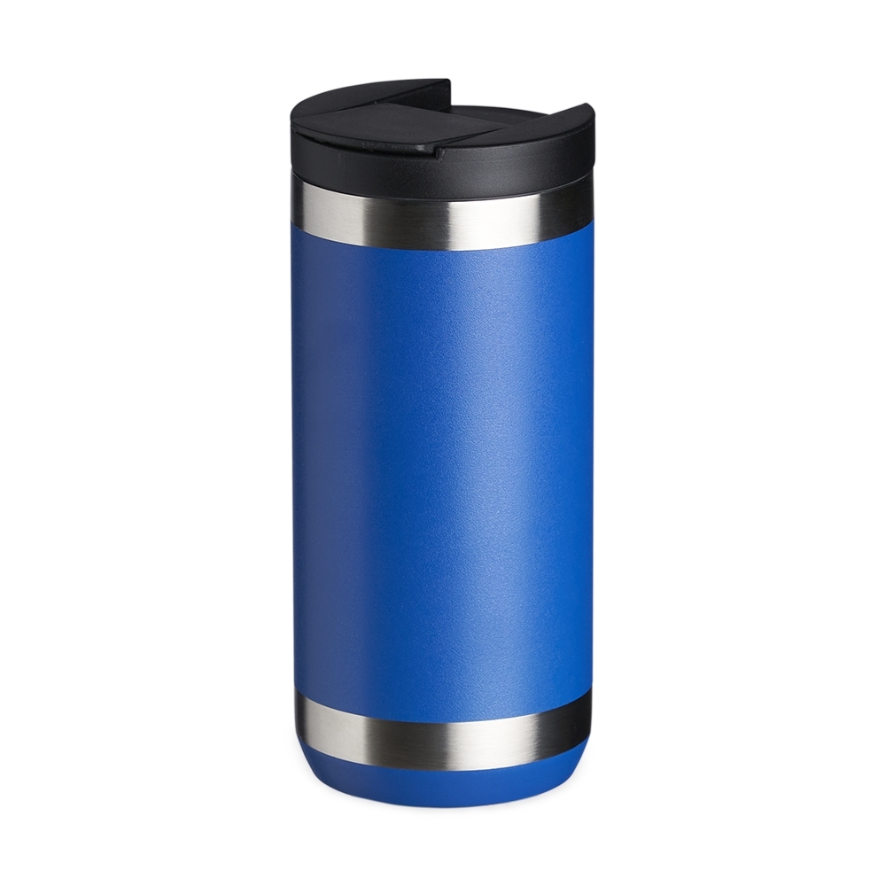 Copo térmico 350 ml de inox com tampa de bocal e trava personalizado com a logo da empresa, na cor azul / inox
