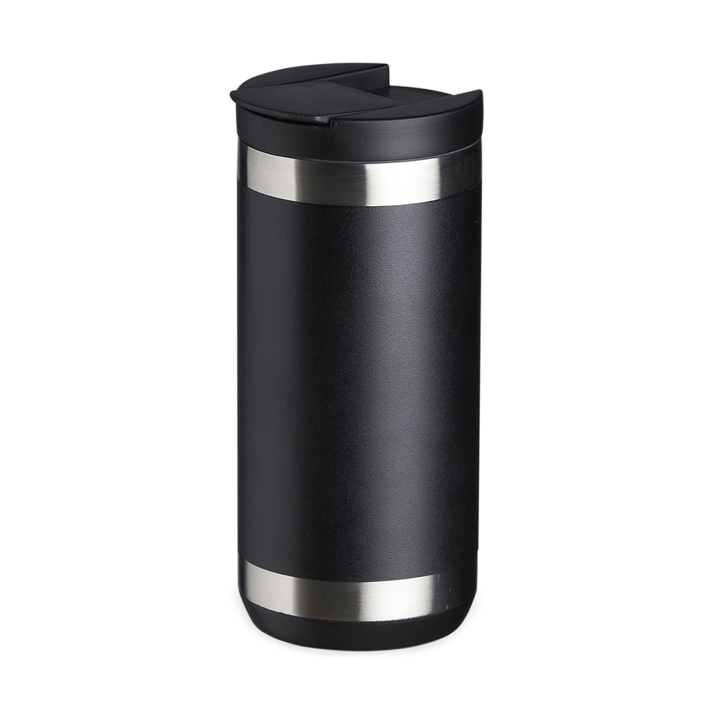 Copo térmico 350 ml de inox com tampa de bocal e trava na cor Preto / Inox, personalizado com a logo da empresa