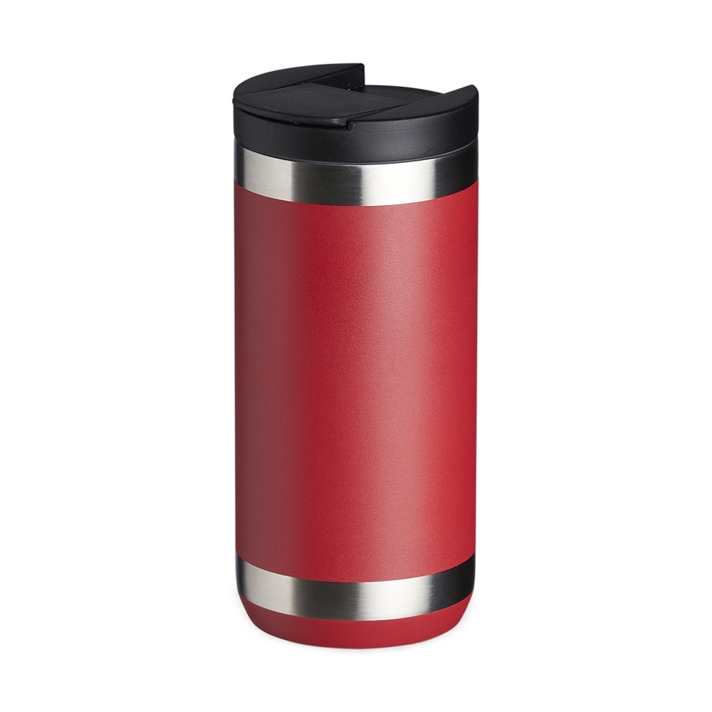 Copo térmico 350 ml de inox com tampa de bocal e trava personalizado com a logo da empresa, na cor vermelho / inox
