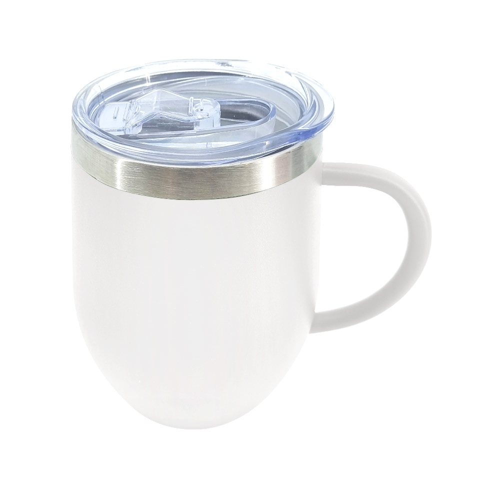 Caneca térmica 350 ml de inox bojuda com tampa acrílica e trava personalizada com a logo da empresa, na cor branco