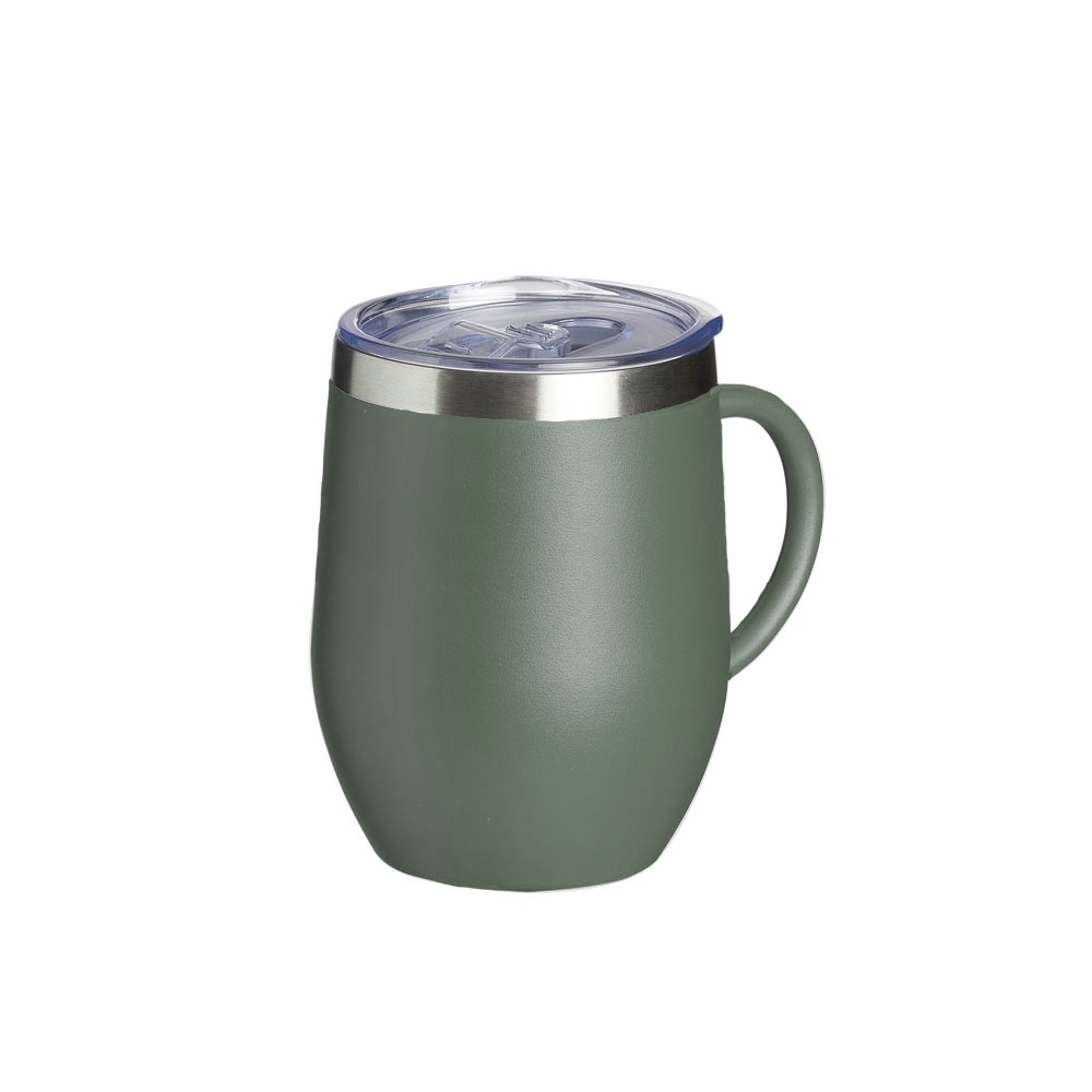 Caneca térmica 350 ml de inox bojuda com tampa acrílica e trava personalizada com a logo da empresa, na cor verde / inox