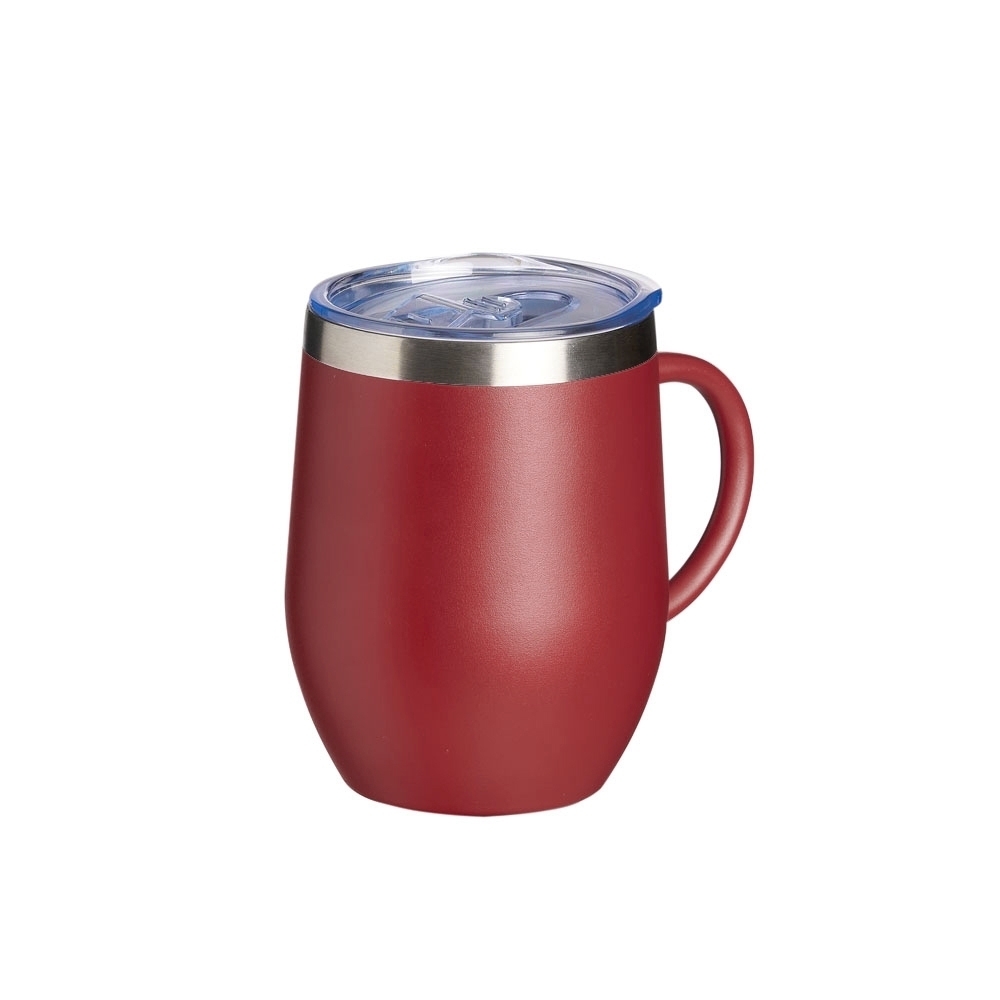 Caneca térmica 350 ml de inox bojuda com tampa acrílica e trava personalizada com a logo da empresa, na cor vermelho / inox