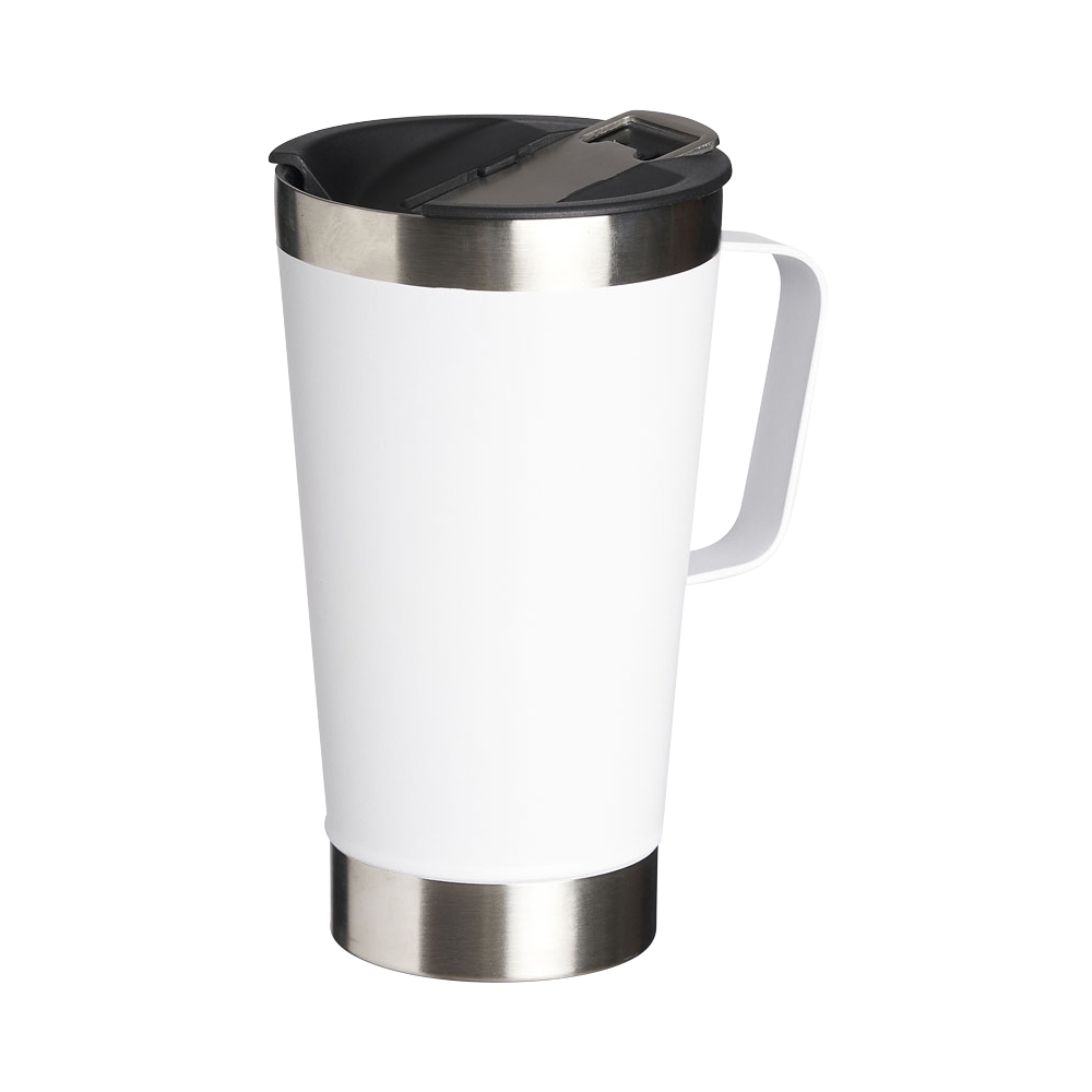 Caneca térmica 500 ml lisa de inox com abridor personalizada com a logo da empresa, na cor branco / inox