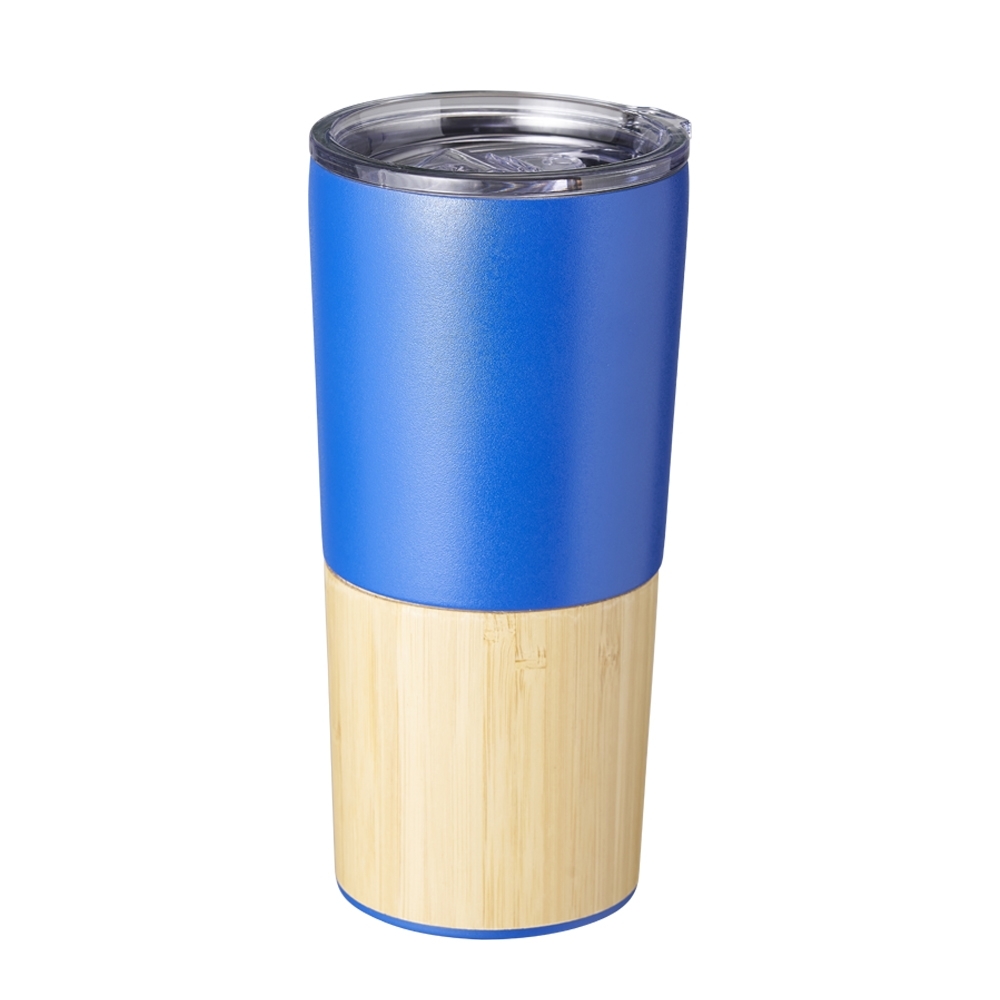 Copo térmico bambu 600 ml personalizado com a logo da empresa, na cor azul / madeira