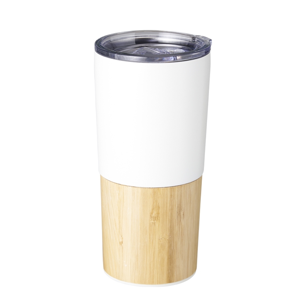 Copo térmico bambu 600 ml personalizado com a logo da empresa, na cor branco / madeira