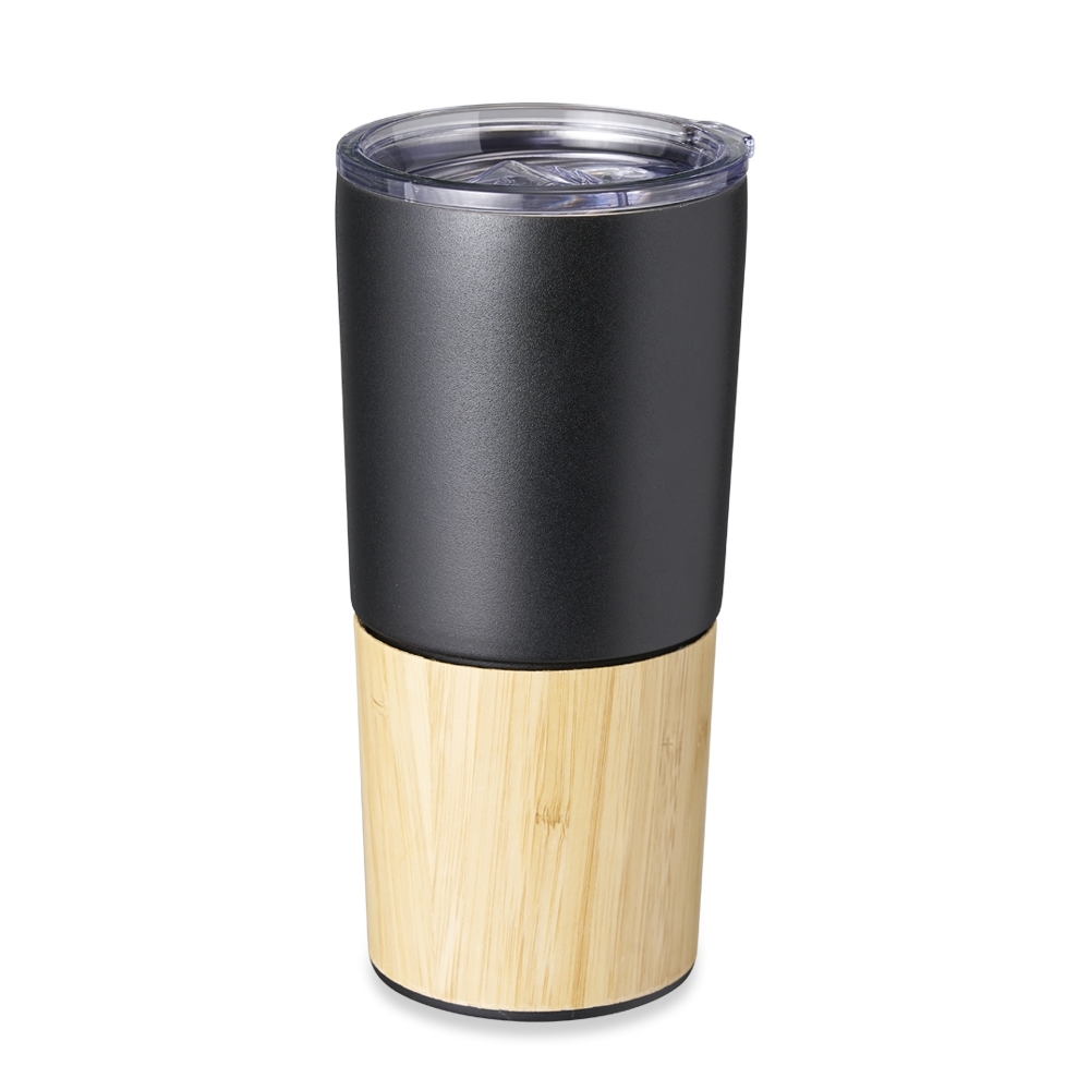 Copo térmico bambu 600 ml na cor Preto / Madeira, personalizado com a logo da empresa