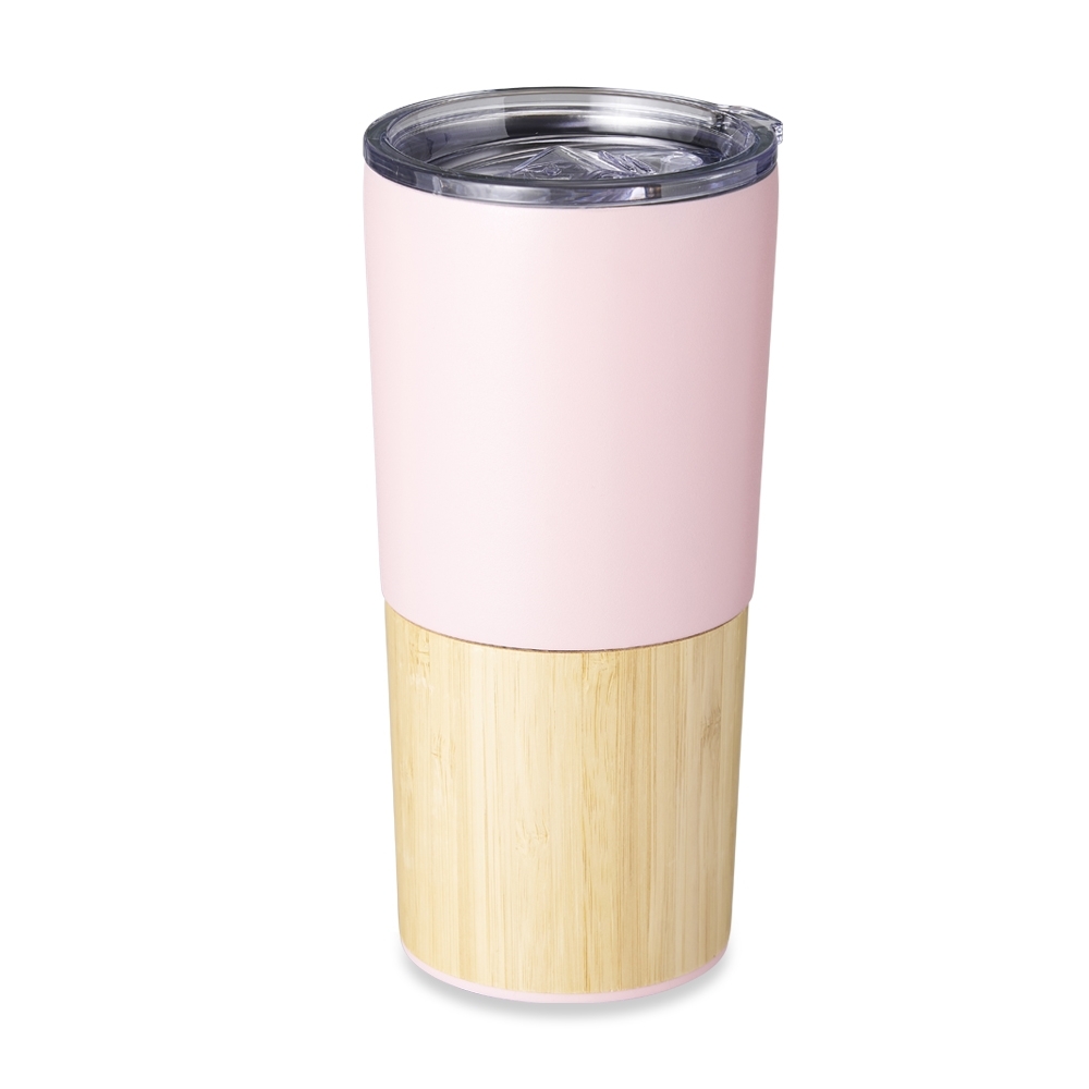 Copo térmico bambu 600 ml personalizado com a logo da empresa, na cor rosa / madeira