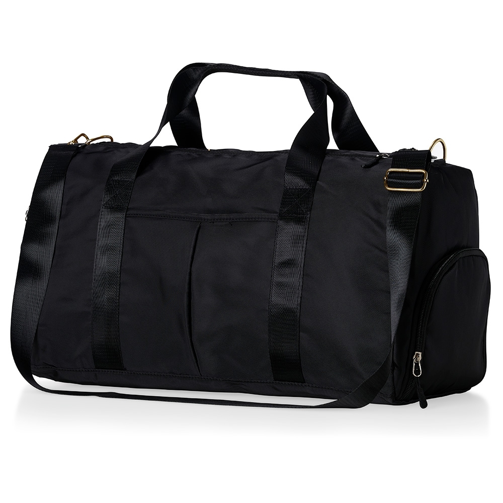 Bolsa esportiva de poliéster 36 litros impermeável na cor Preto / Dourado, personalizada com a logo da empresa
