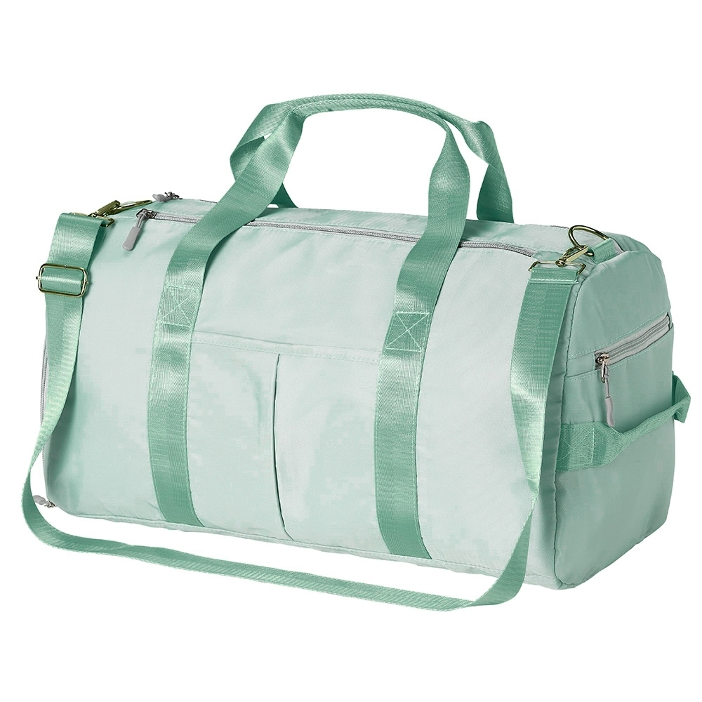 Bolsa esportiva de poliéster 36 litros impermeável personalizada com a logo da empresa, na cor verde