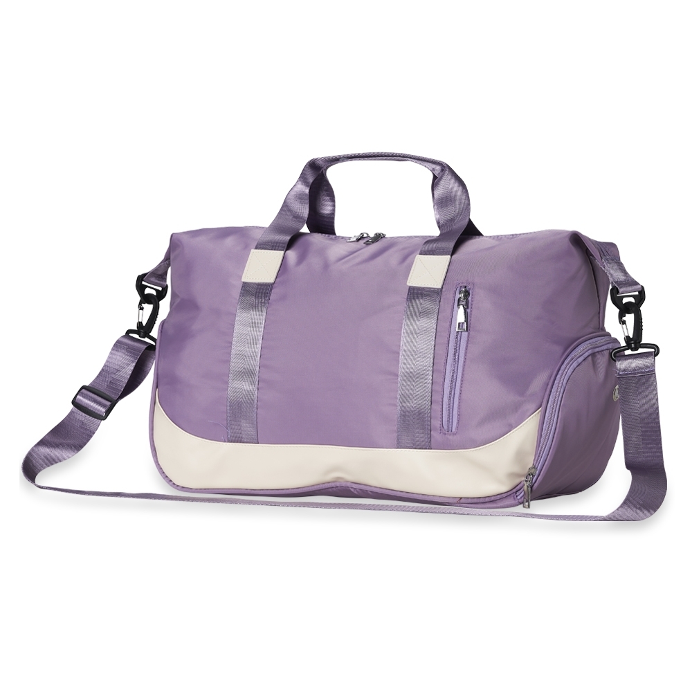 Bolsa esportiva de poliéster 29 litros com 4 compartimentos personalizada com a logo da empresa, na cor lilás