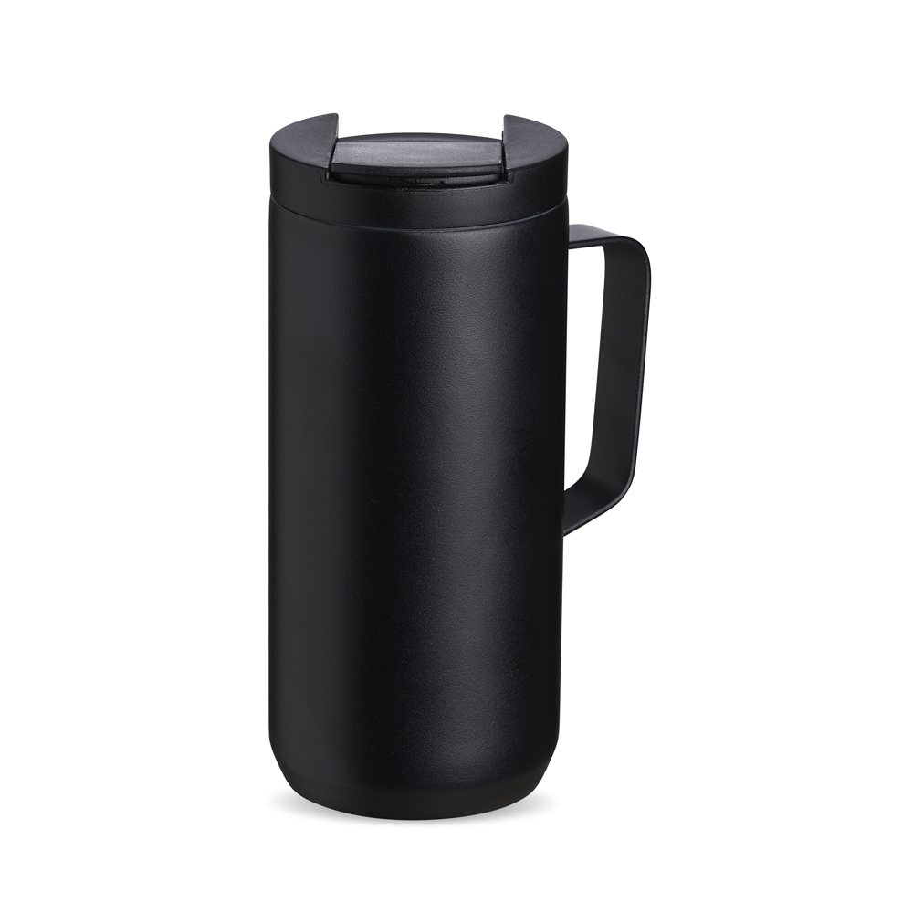 Caneca térmica 350 ml de inox alta com base antiderrapante na cor Preto, personalizada com a logo da empresa