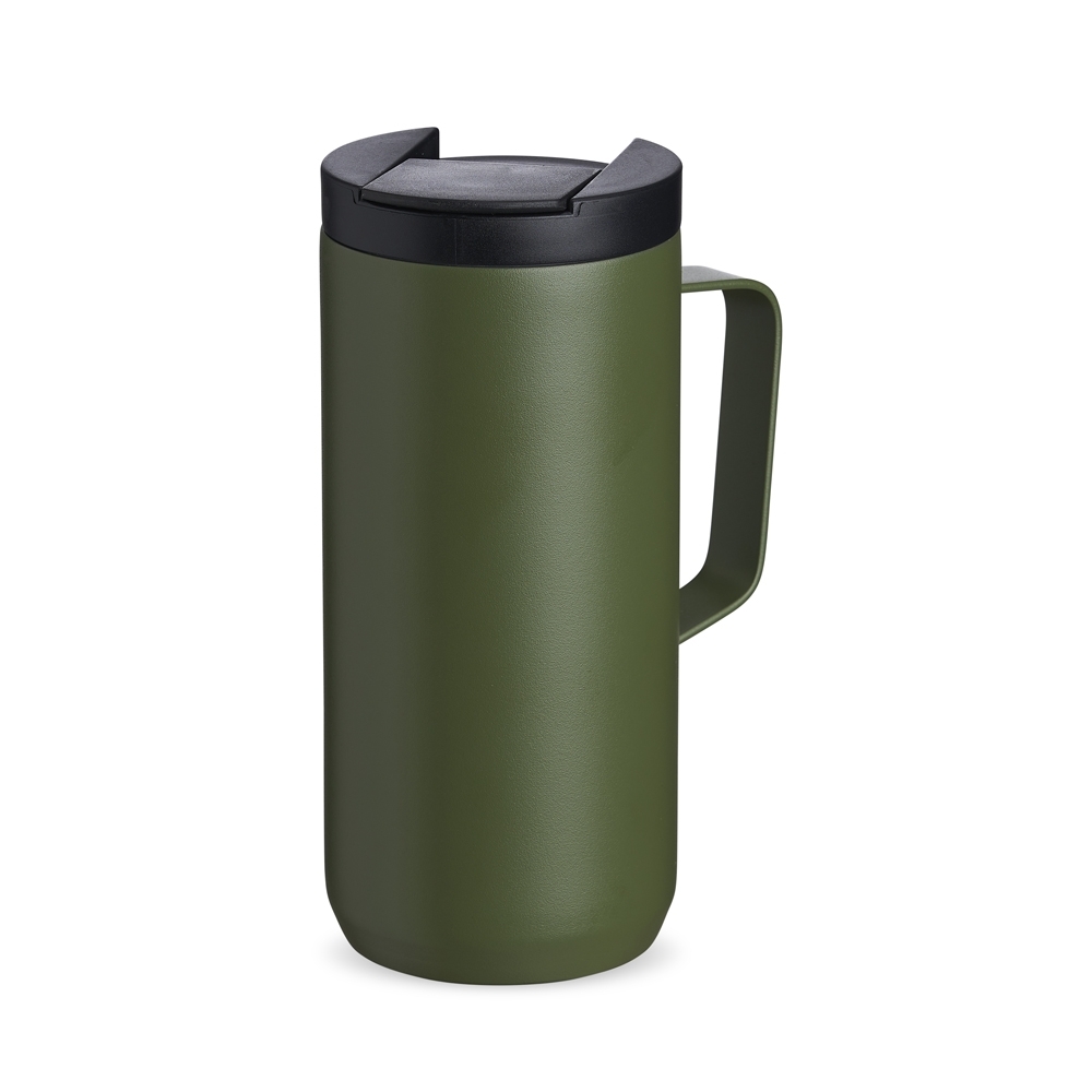 Caneca térmica 350 ml de inox alta com base antiderrapante personalizada com a logo da empresa, na cor verde / preto