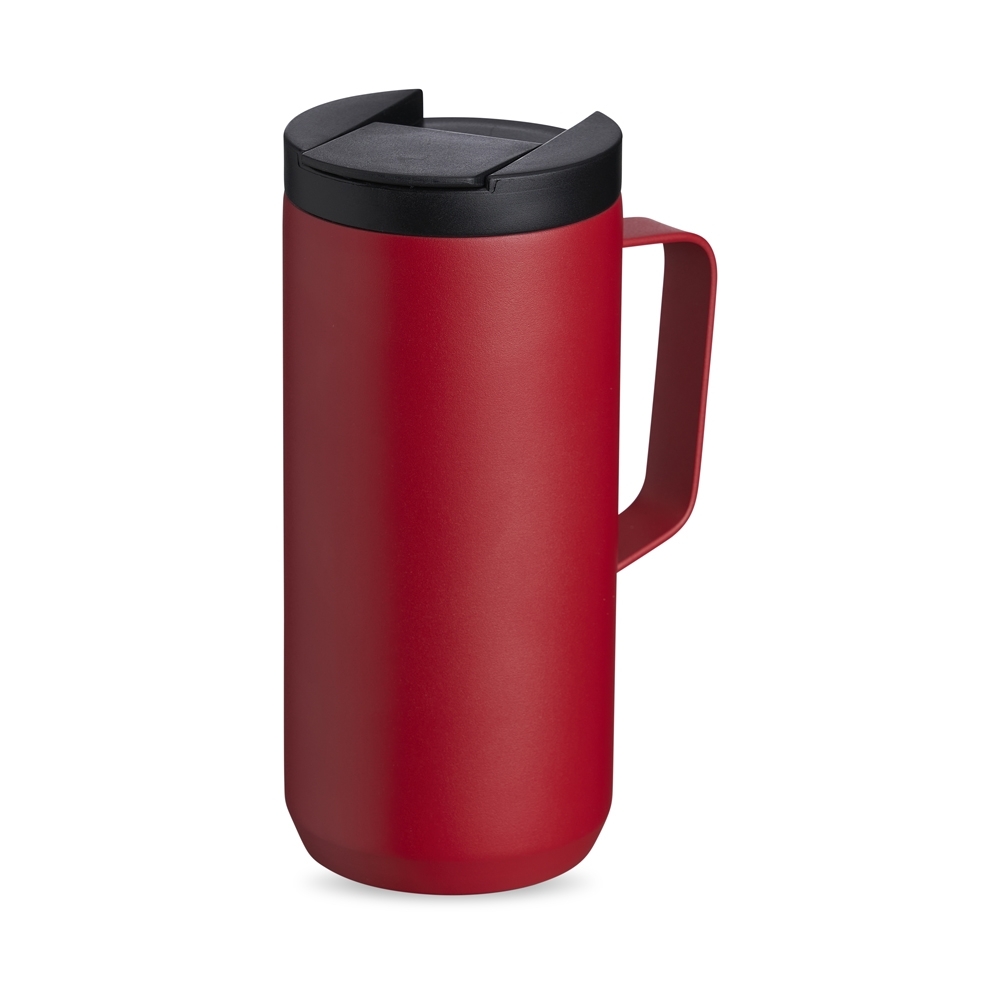 Caneca térmica 350 ml de inox alta com base antiderrapante personalizada com a logo da empresa, na cor vermelho / inox