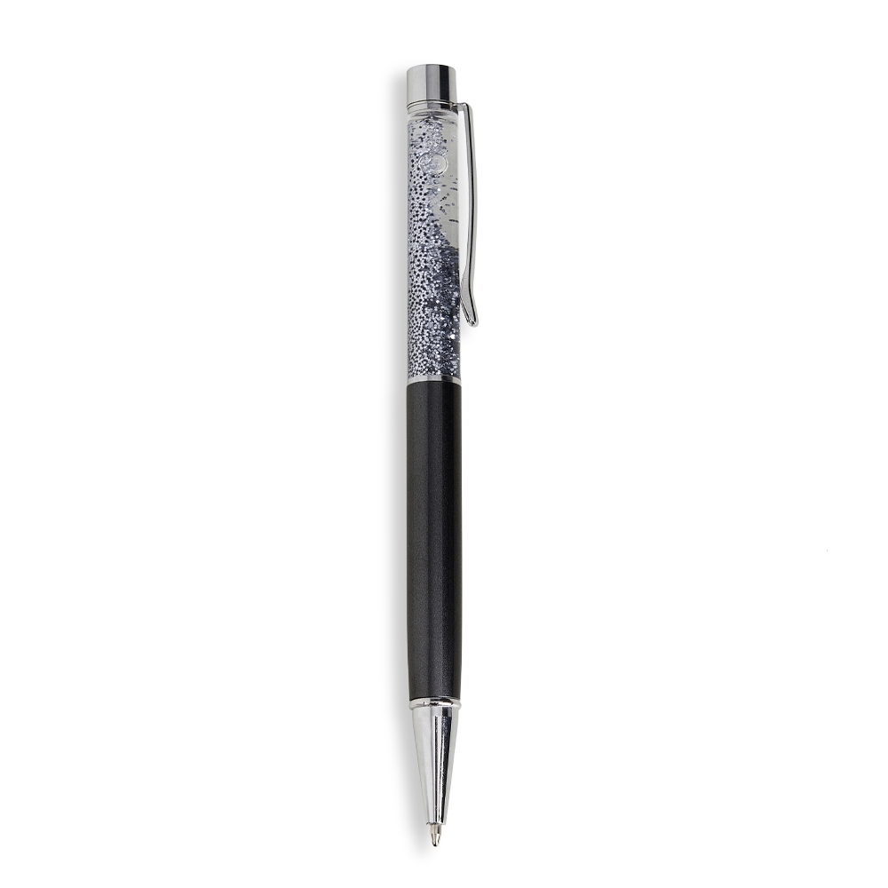 Caneta de metal glitter giratória na cor Preto, personalizada com a logo da empresa