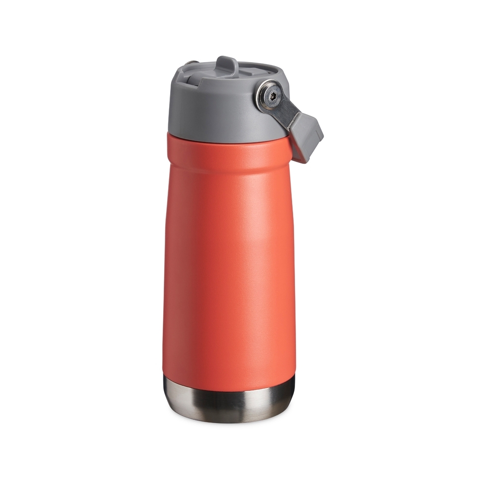 Garrafa térmica 550 ml de inox com bico flip, canudo e alça na cor Laranja / Cinza, personalizada com a logo da empresa
