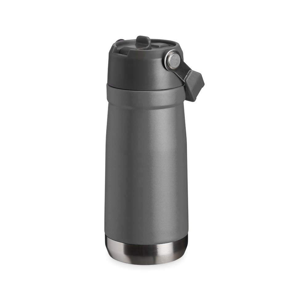 Garrafa térmica 550 ml de inox com bico flip, canudo e alça modelo 2 personalizada com a logo da empresa, na cor cinza