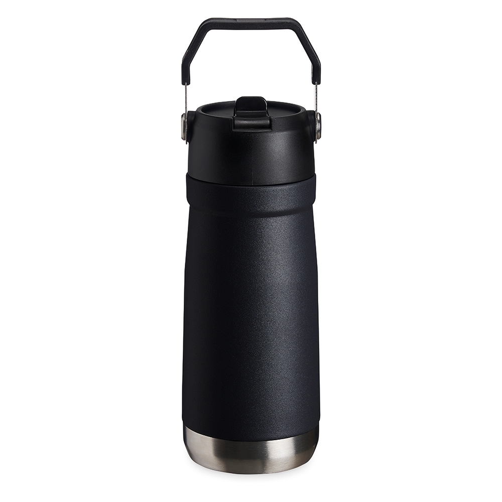 Garrafa térmica 550 ml de inox com bico flip, canudo e alça modelo 2 na cor Preto, personalizada com a logo da empresa