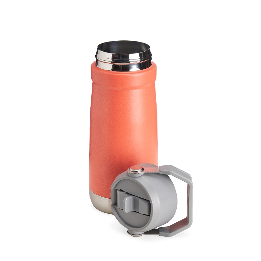 Garrafa térmica 550 ml de inox com bico flip, canudo e alça modelo 2 personalizada com a logo da empresa, na cor laranja / cinza