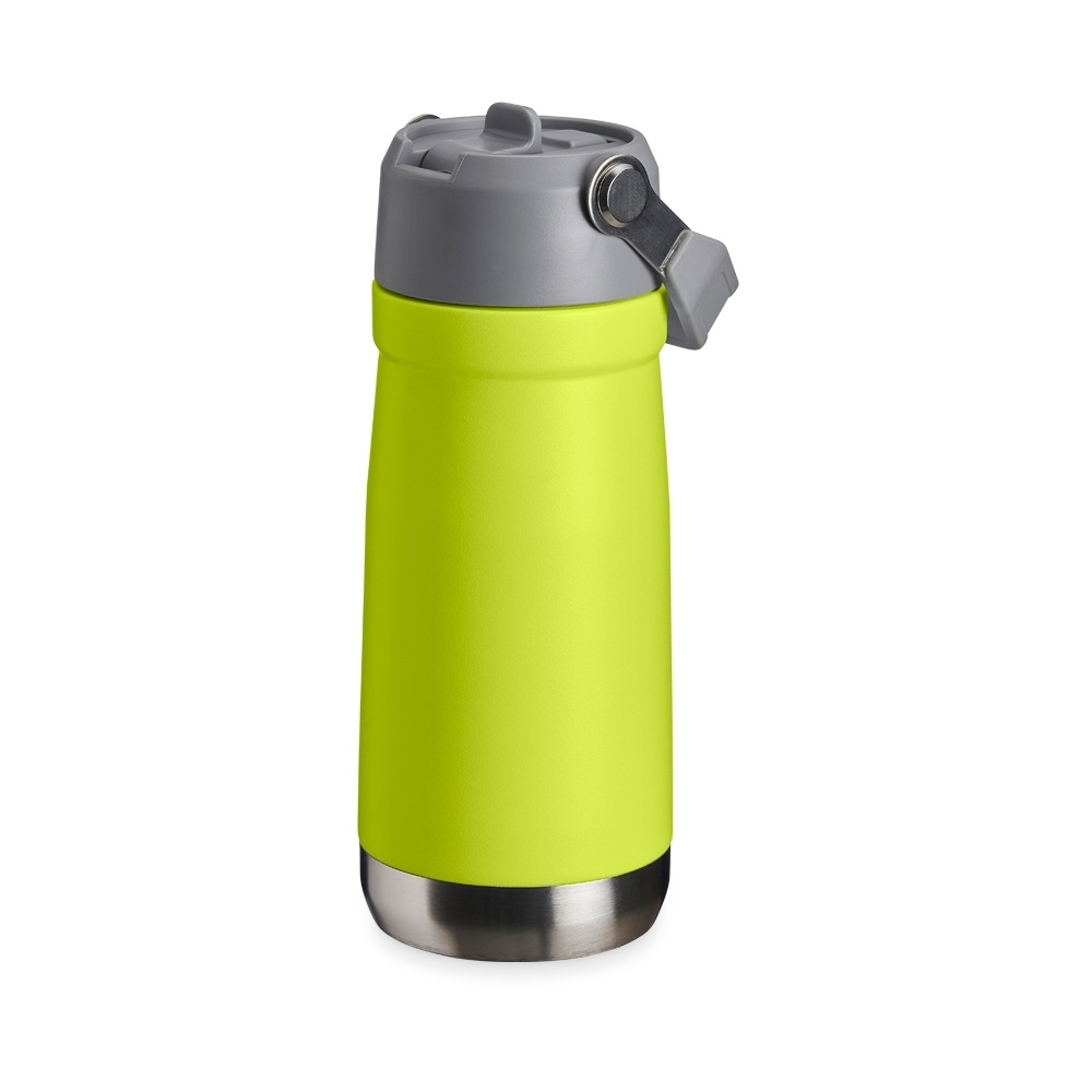 Garrafa térmica 550 ml de inox com bico flip, canudo e alça modelo 2 personalizada com a logo da empresa, na cor verde / cinza